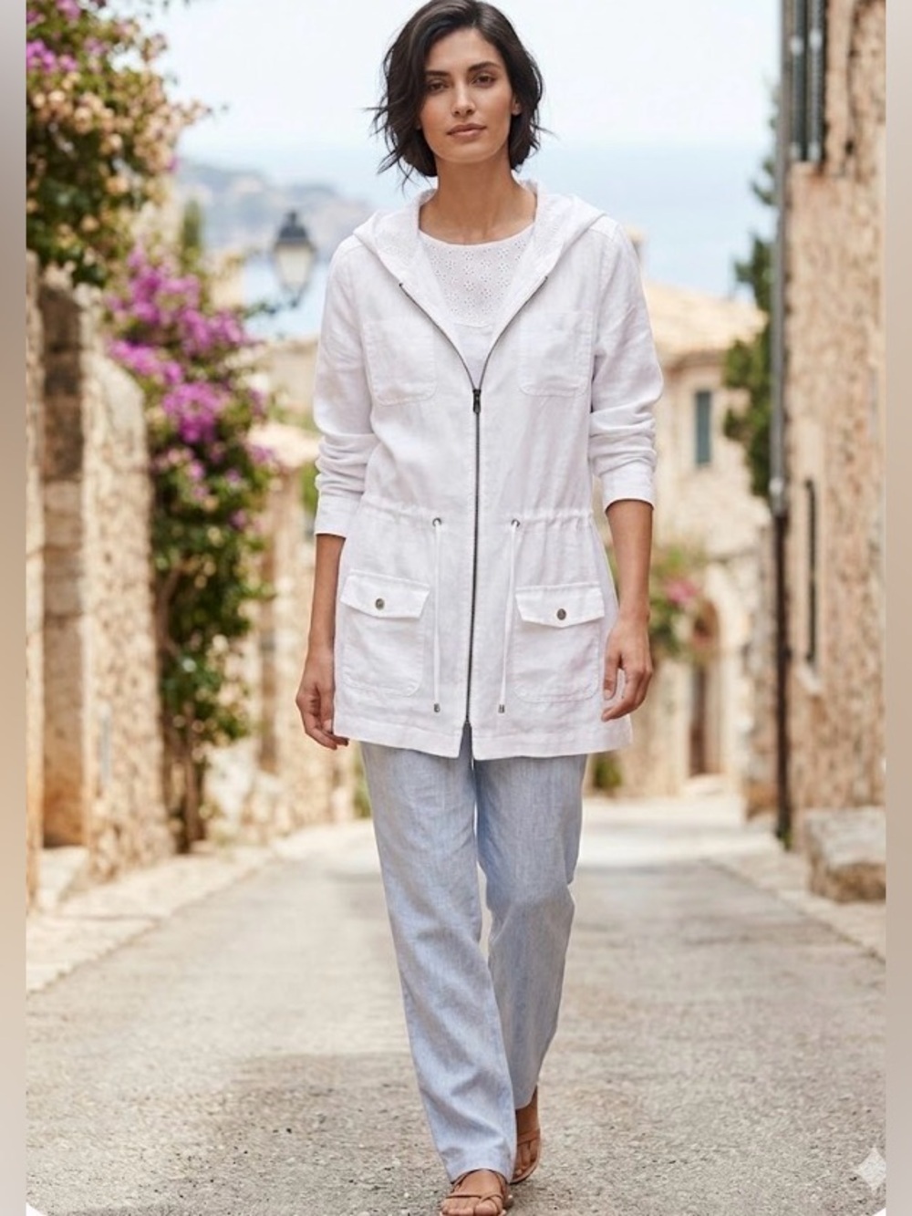 Cynthia Rowley Linen Hooded Anorak Utility Gorpcore Lightweight White Jacket 1X